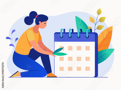 Woman kneeling arranging leaves near a calendar with blue binding and foliage background design style