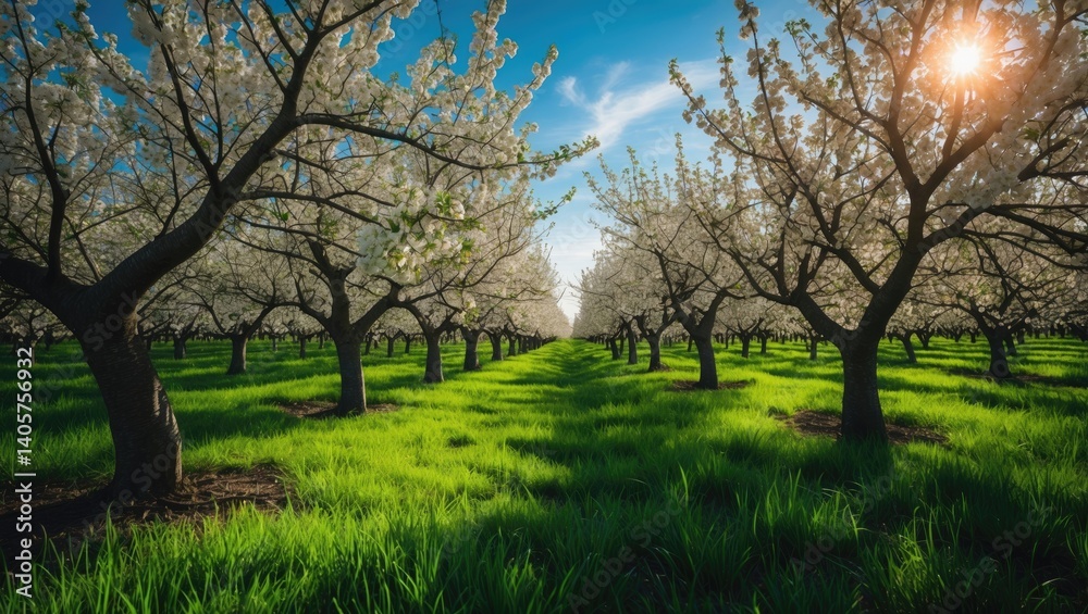 Orchard during peak season. Wide-angle shot. Orchard during peak season. Wide-angle shot.