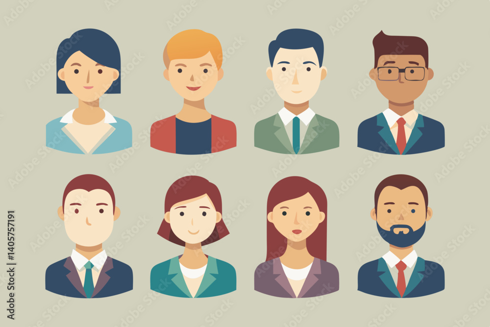 Illustration showing a diverse group of eight people with various hairstyles and professional attire Illustration showing a diverse group of eight people with various hairstyles and professional attire