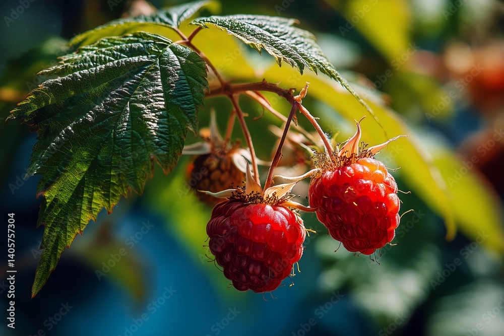 Fresh Raspberries Ripening on the Vine in a Sunny Garden During Summer Season