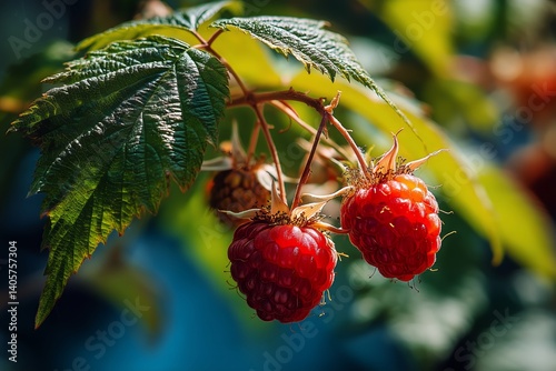 Obraz na płótnie Fresh Raspberries Ripening on the Vine in a Sunny Garden During Summer Season w salonie