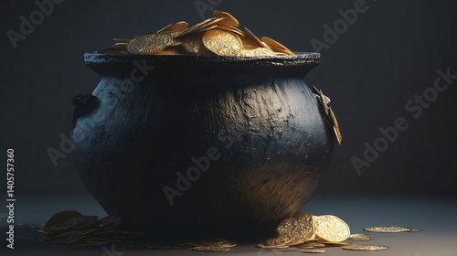 A dark, ornate cauldron overflows with golden coins.