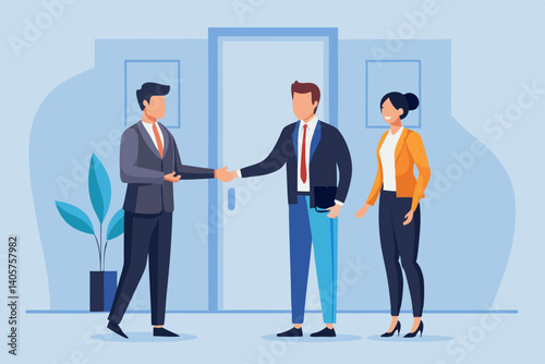 Two businessmen shaking hands in front of a door with a woman standing next to them smiling broadly