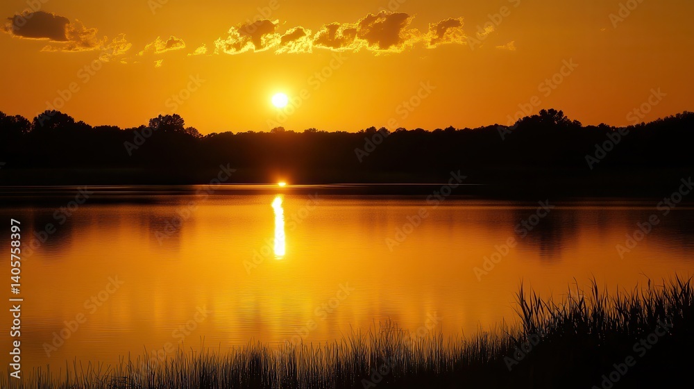 Naklejka premium Sunset reflecting on calm lake, trees silhouetted