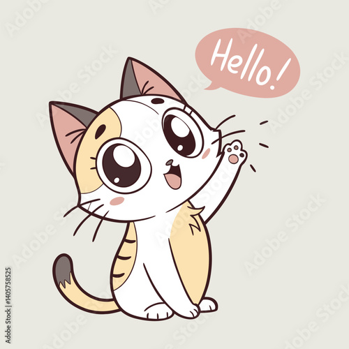 cute cat saying hello cartoon vector icon illustration isolated