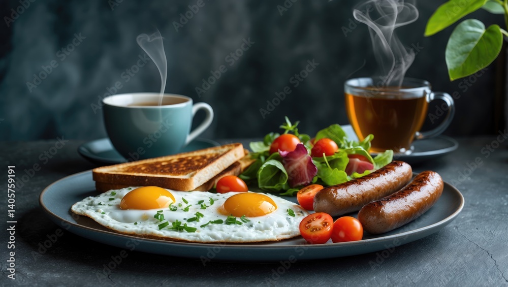 Breakfast with fried eggs, toast, sausage, and salad Breakfast with fried eggs, toast, sausage, and salad