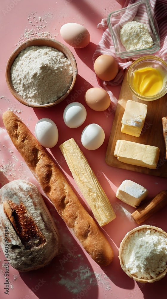 Fresh Ingredients for Baking Bread With Eggs, Flour, and Butter on a Pink Background