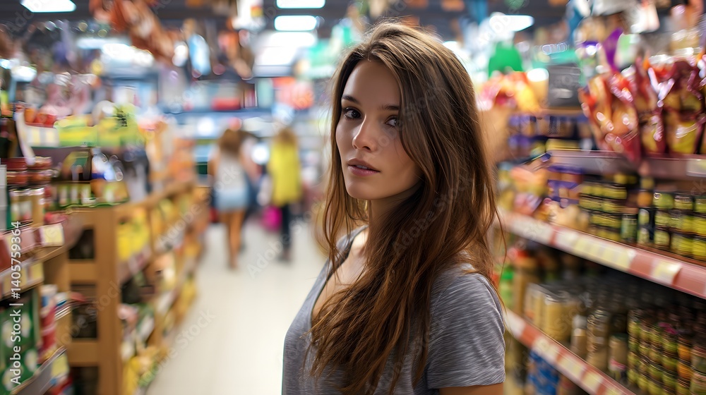 Young Woman Enjoying a Shopping Experience in a Vibrant Bulk Food Store Aisle Filled with Colorful Products Young Woman Enjoying a Shopping Experience in a Vibrant Bulk Food Store Aisle Filled with Colorful Products