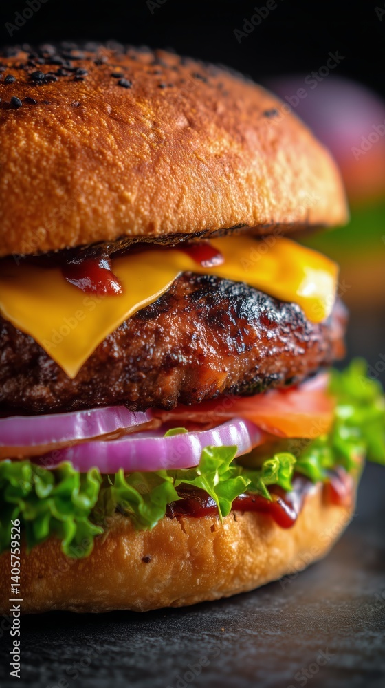 Juicy Gourmet Burger With Melted Cheese and Fresh Toppings at a Rustic Countertop