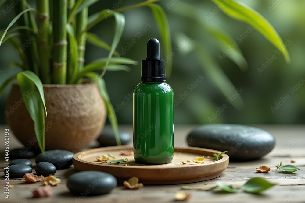 The bottle should have no label, no text, no logo, and no images or decorative elements on it Green serum bottle on a bamboo tray, surrounded by bamboo leaves and stones, zen mood The bottle should have no label, no text, no logo, and no images or decorative elements on it Green serum bottle on a bamboo tray, surrounded by bamboo leaves and stones, zen mood