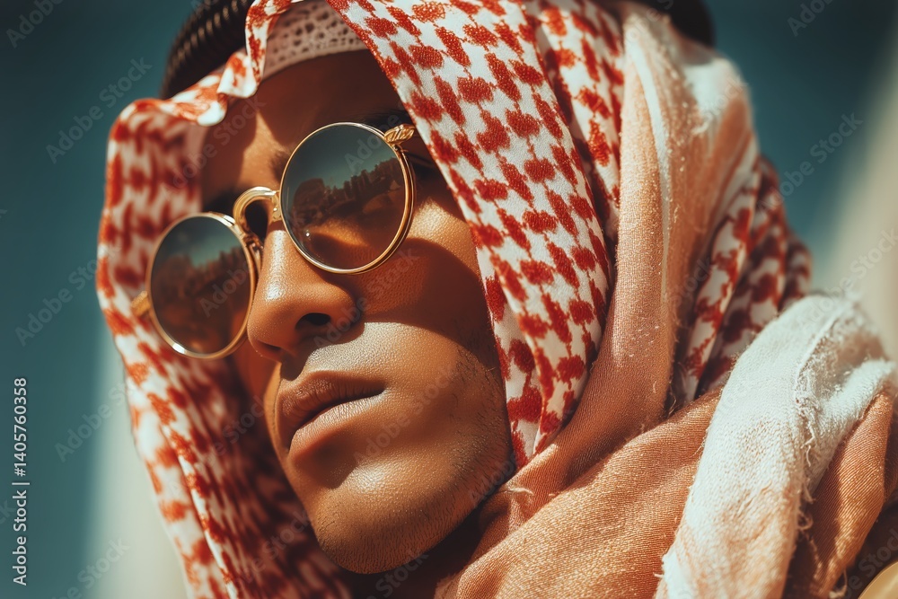 Young Man Wearing Traditional Attire and Sunglasses in a Sunny Outdoor Setting