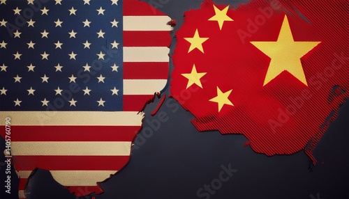 Bandera de EEUU y China sobre el mundo. Concepro de conflicto de aranceles y poder mundial.