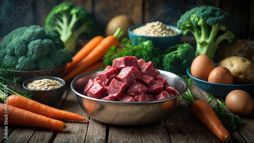 Bowl of minced raw meat for a dog or cat on a rustic wooden surface accompanied by fresh vegetables