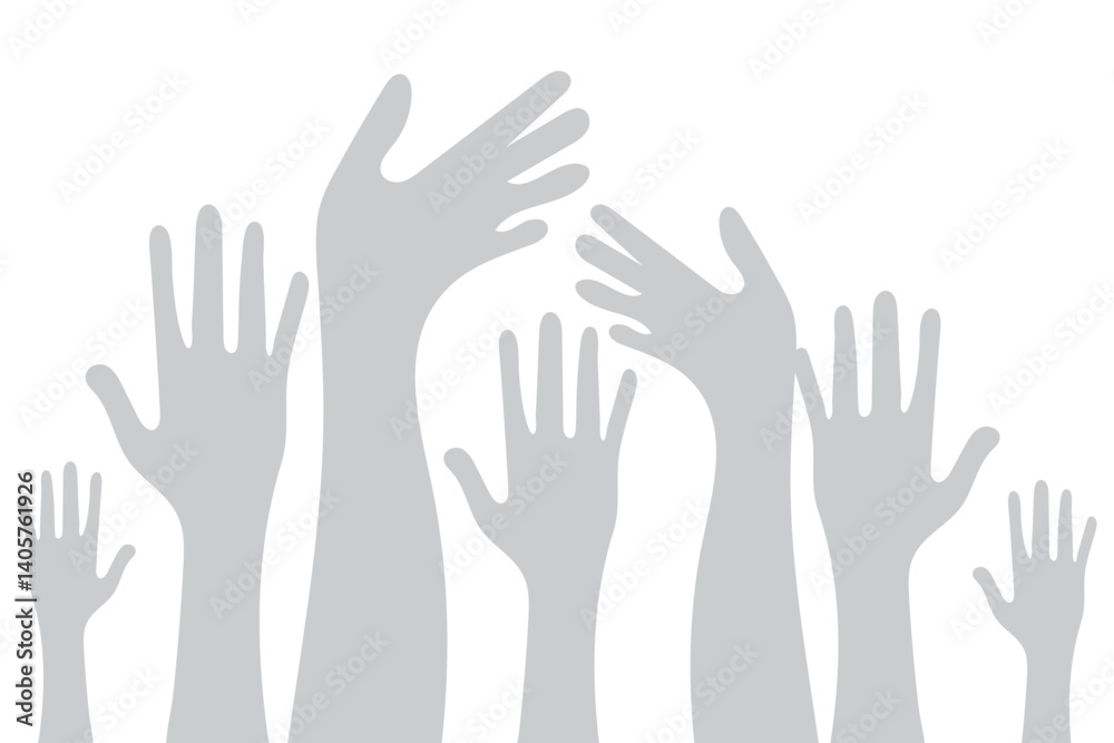 Many colorful Raising hands white background. Raised hands silhouette isolated on white background. Hands up illustration. Many colorful Raising hands white background. Raised hands silhouette isolated on white background. Hands up illustration.