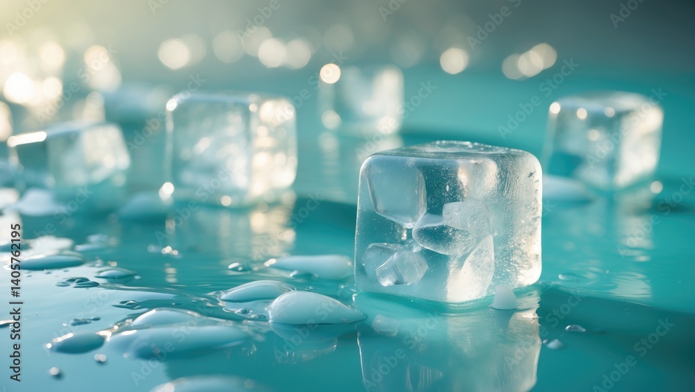 Sunlit backdrop featuring melting ice cubes and cold water. Sunlit backdrop featuring melting ice cubes and cold water.