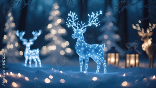Decorative blurred wooden deer surrounded by lanterns