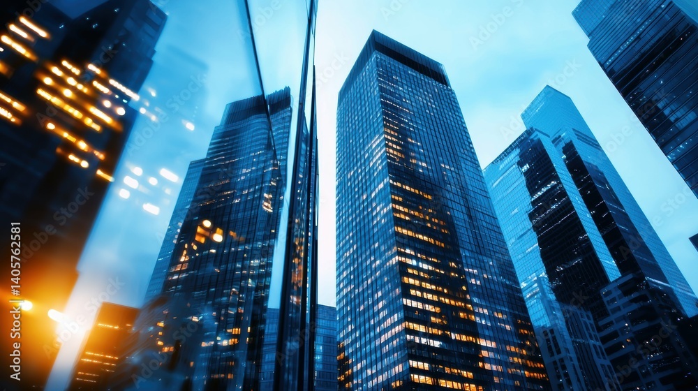 Fototapeta premium Urban skyline reflection modern business district crystal glass surfaces evening lights high-angle view architectural beauty