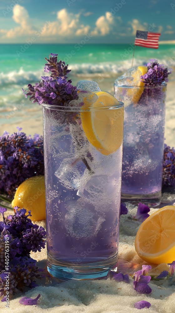 Refreshing Lavender Lemonade Served on a Sunny Beach With Ocean Backdrop