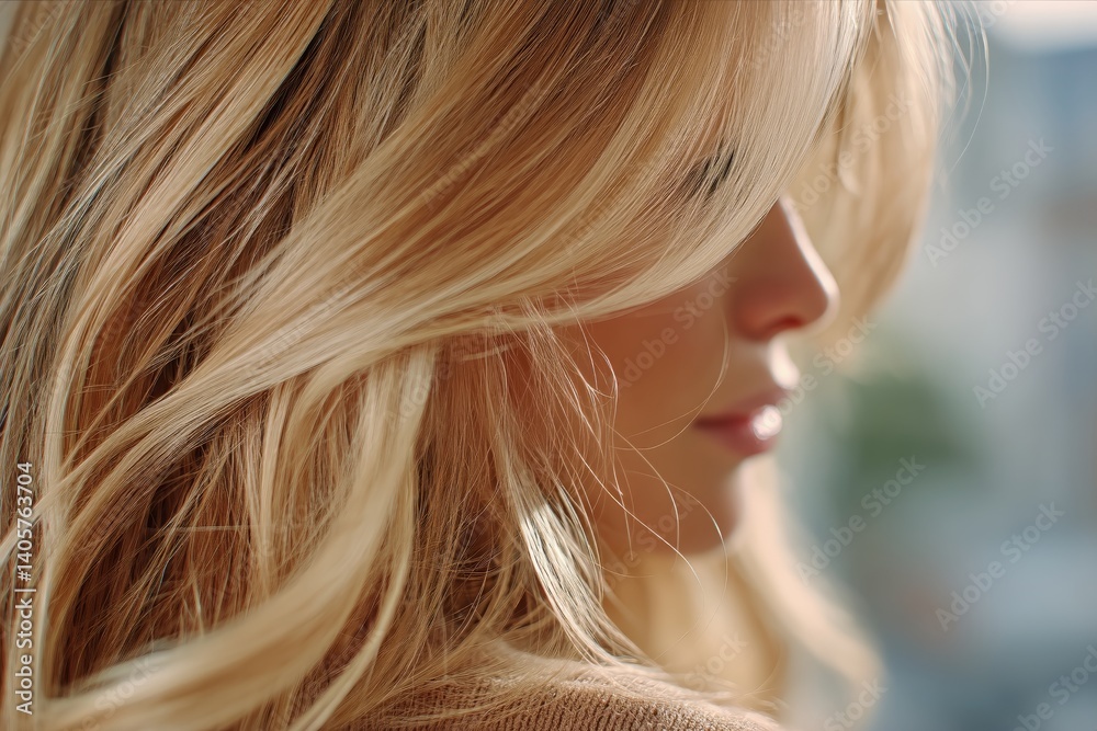 Captivating Close-Up of a Woman With Flowing Blonde Hair in Soft Natural Light