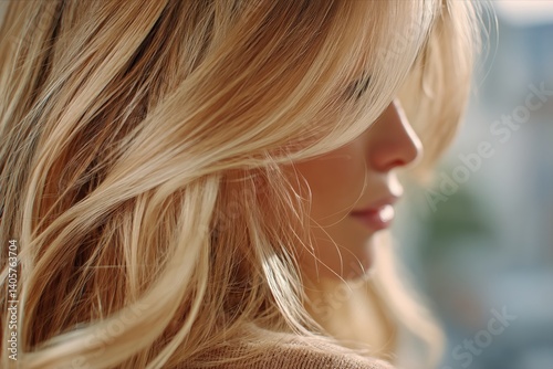 Obraz na płótnie Captivating Close-Up of a Woman With Flowing Blonde Hair in Soft Natural Light w salonie
