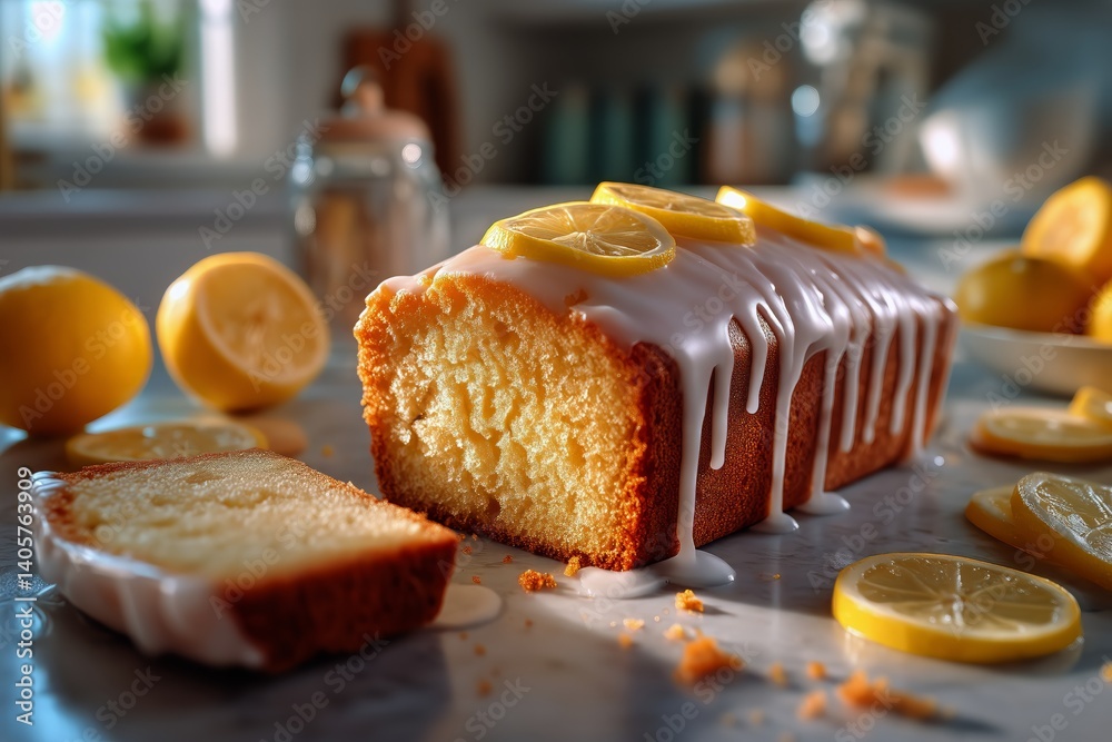 Lemon Cake With Glaze and Fresh Lemons in a Bright Kitchen Setting During Daytime