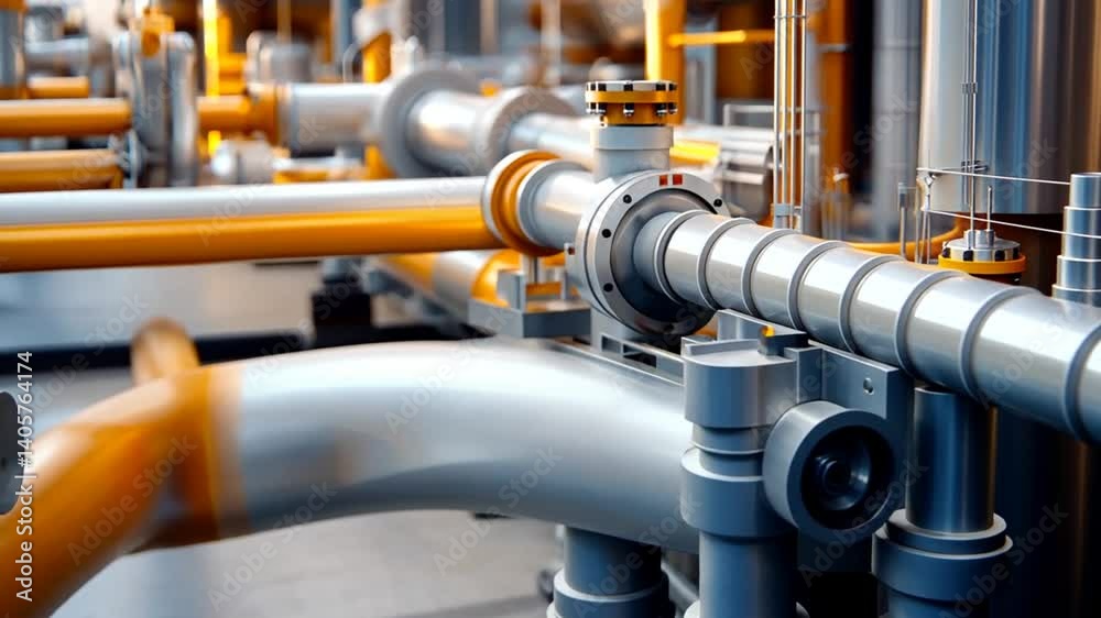 Close-up of intricate industrial piping system showcasing vibrant orange and silver components Close-up of intricate industrial piping system showcasing vibrant orange and silver components