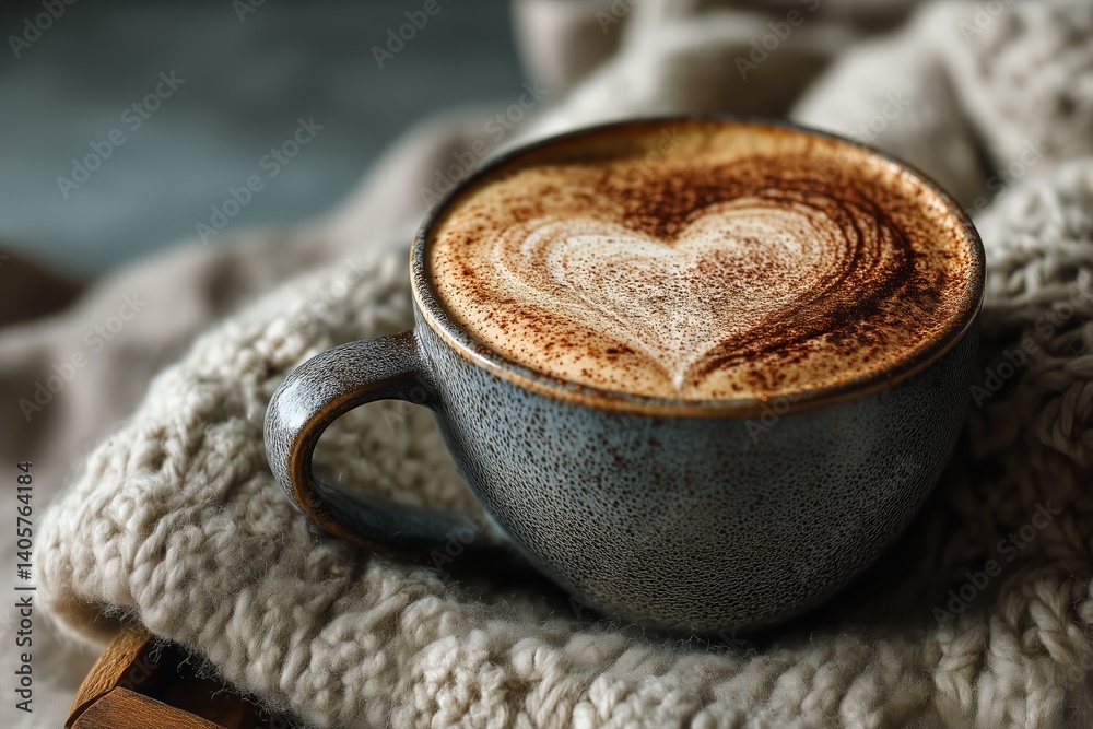 Warm Coffee Cup on Cozy Knitted Blanket in a Serene Indoor Setting During Winter Morning