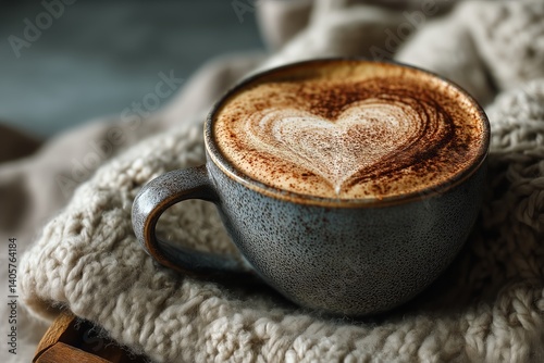 Obraz na płótnie Warm Coffee Cup on Cozy Knitted Blanket in a Serene Indoor Setting During Winter Morning w salonie