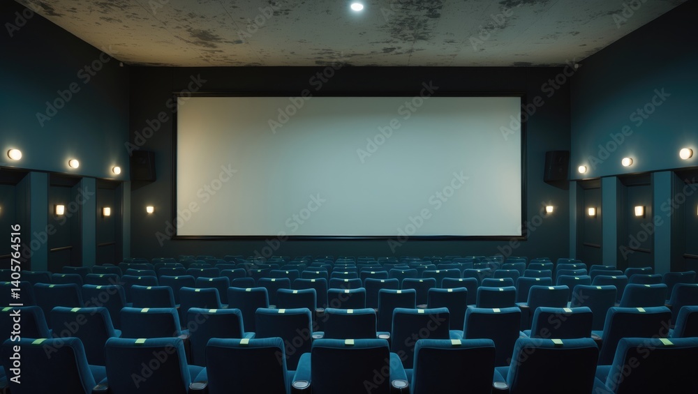 Obraz premium Empty blue movie theater showcasing a white screen and seats. Side angle