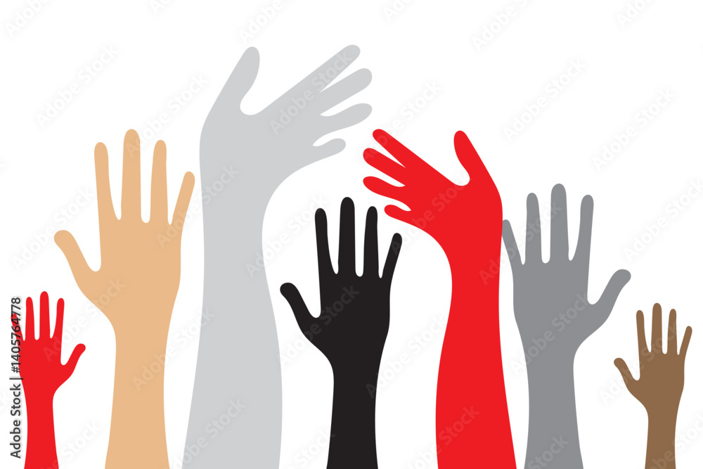 Many colorful Raising hands white background. Raised hands silhouette isolated on white background. Hands up illustration. Many colorful Raising hands white background. Raised hands silhouette isolated on white background. Hands up illustration.