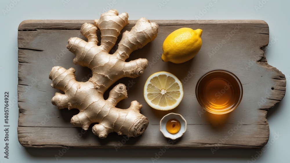 Fototapeta premium Tea cup with honey and lemon alongside ginger roots on a board