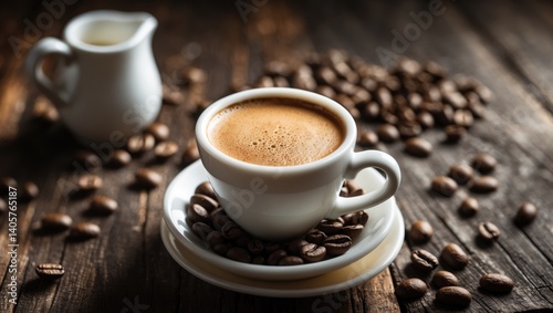 White porcelain cup containing espresso macchiato with milk and coffee beans placed on the table