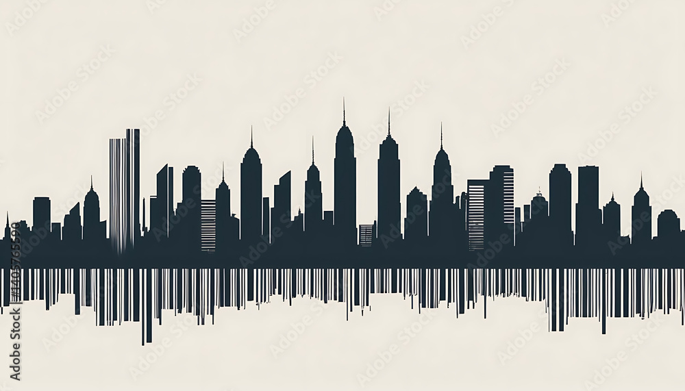 Urban Silhouette: Cityscape Reflected in Abstract Barcode Pattern. Urban Silhouette: Cityscape Reflected in Abstract Barcode Pattern.
