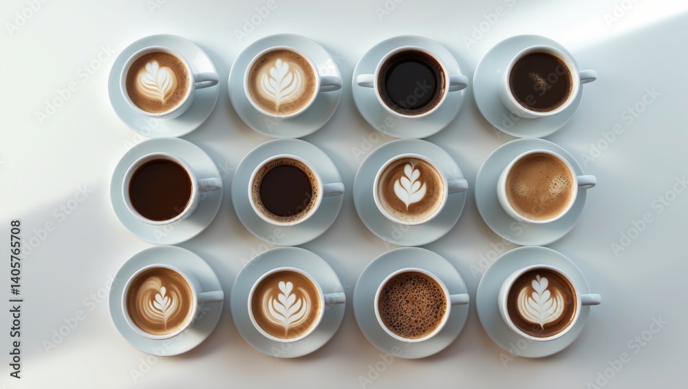 Background featuring a flat lay of a selection of coffee cups. Background featuring a flat lay of a selection of coffee cups.