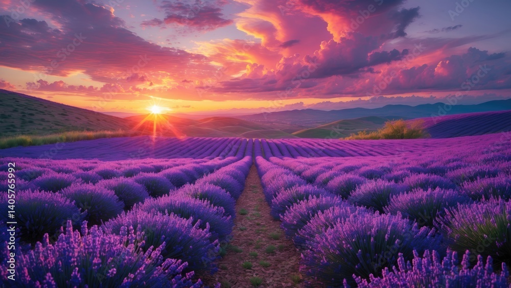 Fototapeta premium Lavender field in full bloom during sunset hues