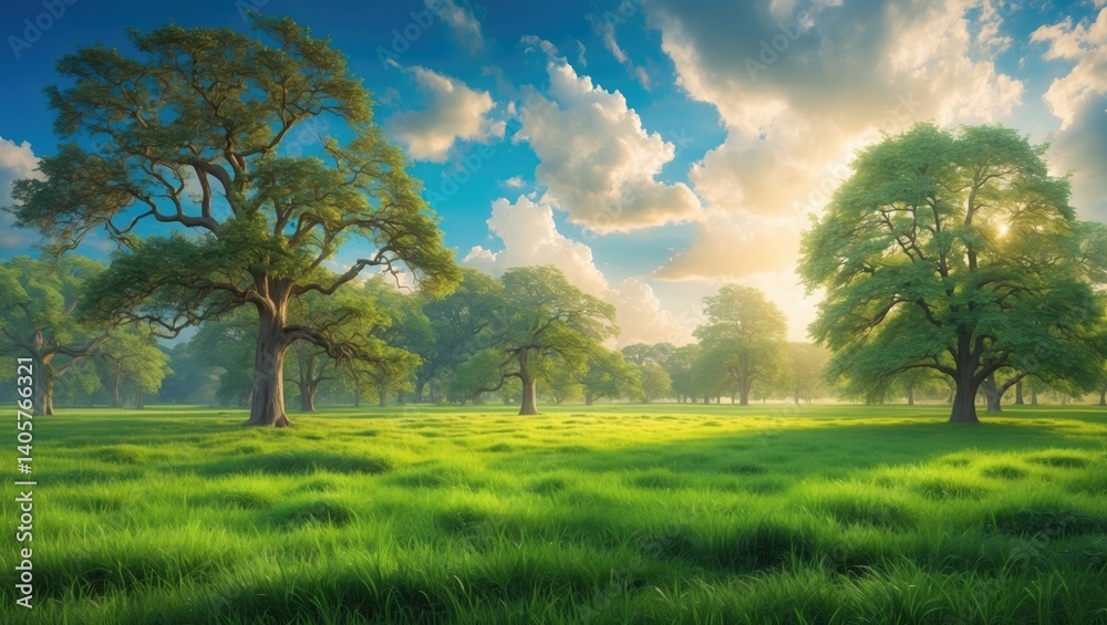 Fototapeta premium Radiant summer sunlight brightens the park's leafy trees and lush grass