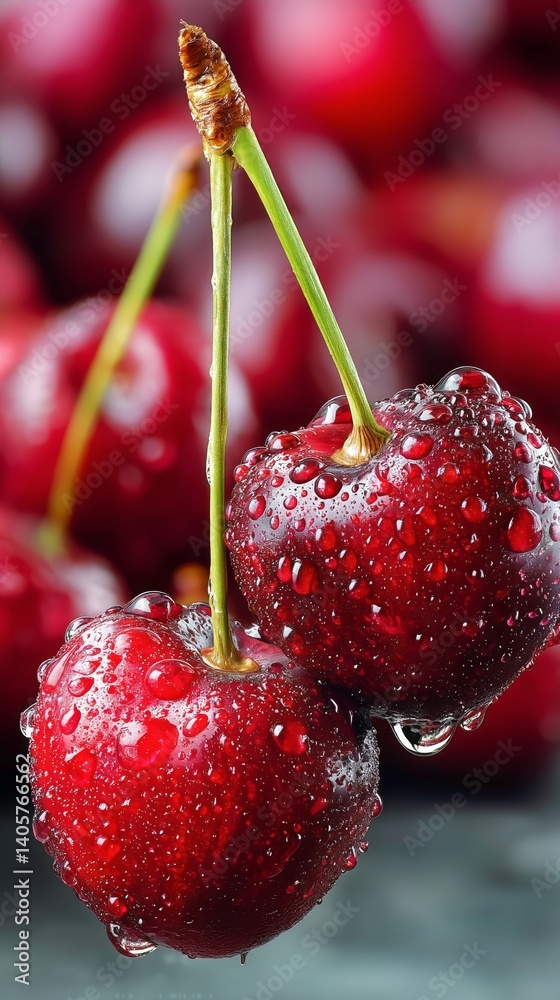 Fresh Cherries Glistening With Water Droplets After Harvesting in a Summer Orchard