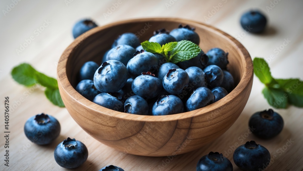Top view of Blueberries in a wooden bowl Top view of Blueberries in a wooden bowl