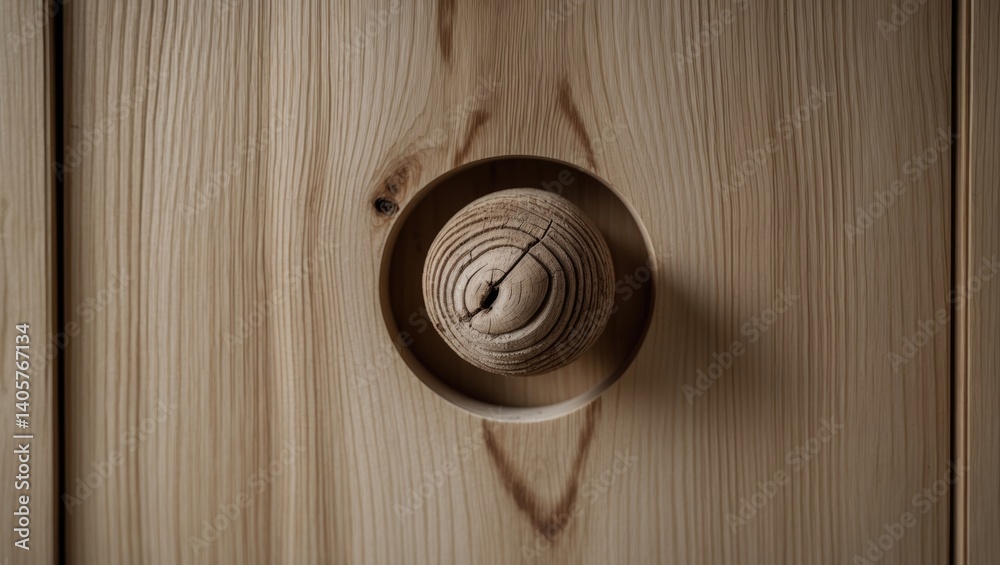 Fototapeta premium Wardrobe door with finger pull design and solid wood cabinet door featuring a round handle hole. Close-up of modern furniture at home.