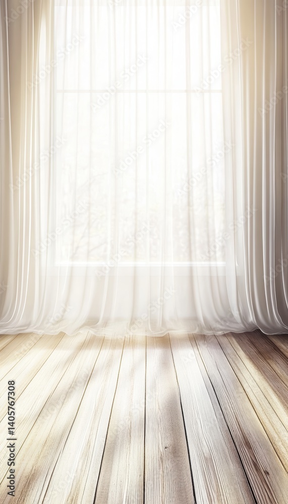 Morning sunlight streaming through sheer curtains onto a warm wooden floor in a cozy interior Morning sunlight streaming through sheer curtains onto a warm wooden floor in a cozy interior