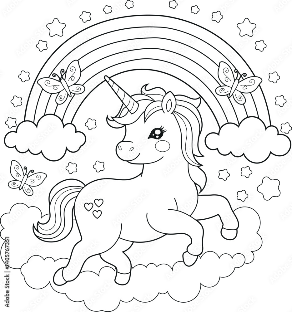 Fototapeta premium Illustration of a cute baby unicorn cartoon character. Black and white Printable Unicorn coloring page for kids, Bold and Easy Coloring Sheet 