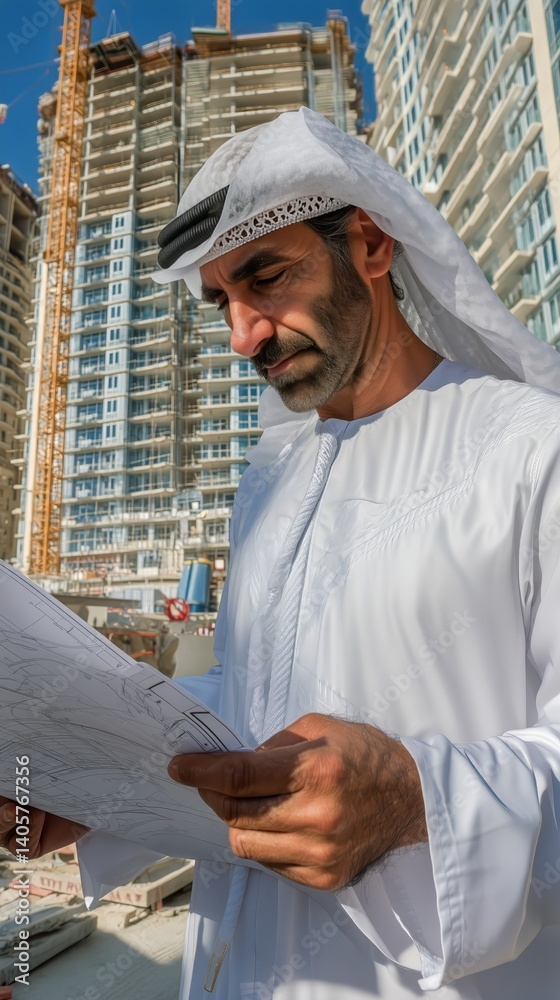 Businessman Reviewing Plans at Construction Site in Dubai During Afternoon Sunlight