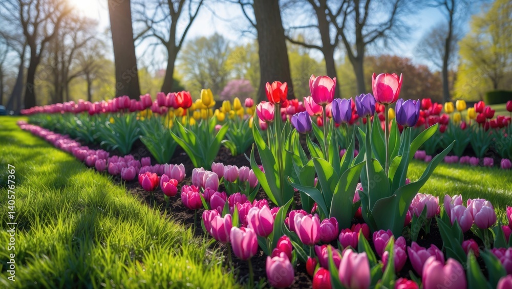 Lively Tulip Garden within a Peaceful Park Atmosphere Lively Tulip Garden within a Peaceful Park Atmosphere