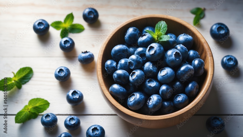 Blueberries arranged in a wooden bowl from above Blueberries arranged in a wooden bowl from above