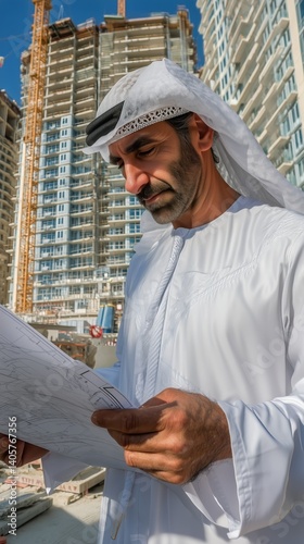 Obraz na płótnie Businessman Reviewing Plans at Construction Site in Dubai During Afternoon Sunlight w salonie