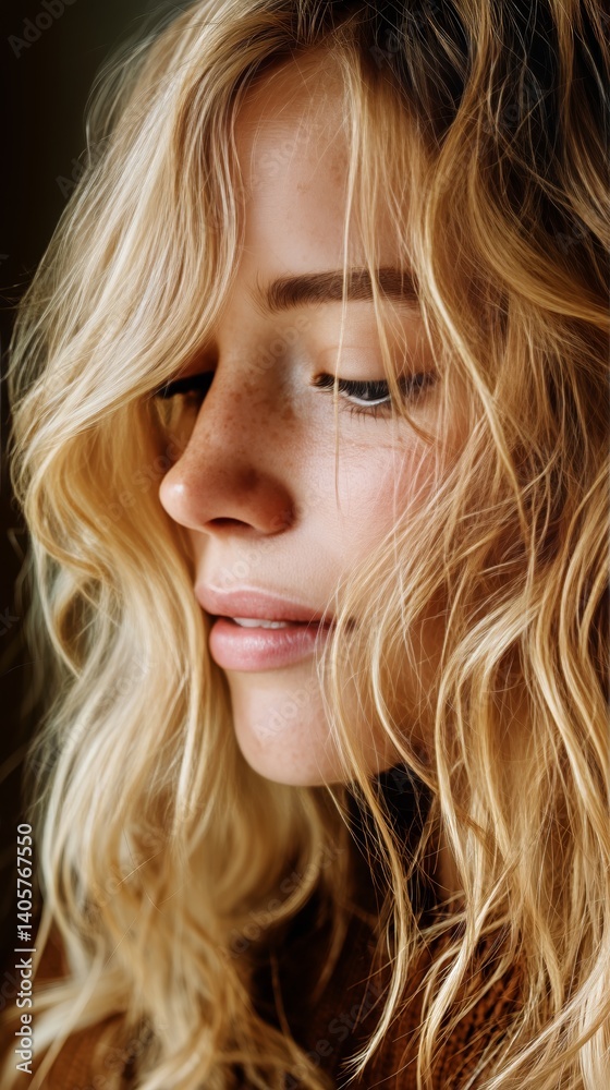 Close-up Portrait of a Young Woman With Wavy Blonde Hair and Natural Makeup