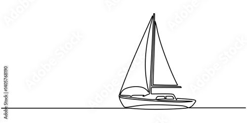 Continuous one single minimal line drawing sailing, Sailboat continuous one line icon drawing on white background, Sea boat vector illustration in doodle style, one line drawing outline vector art.