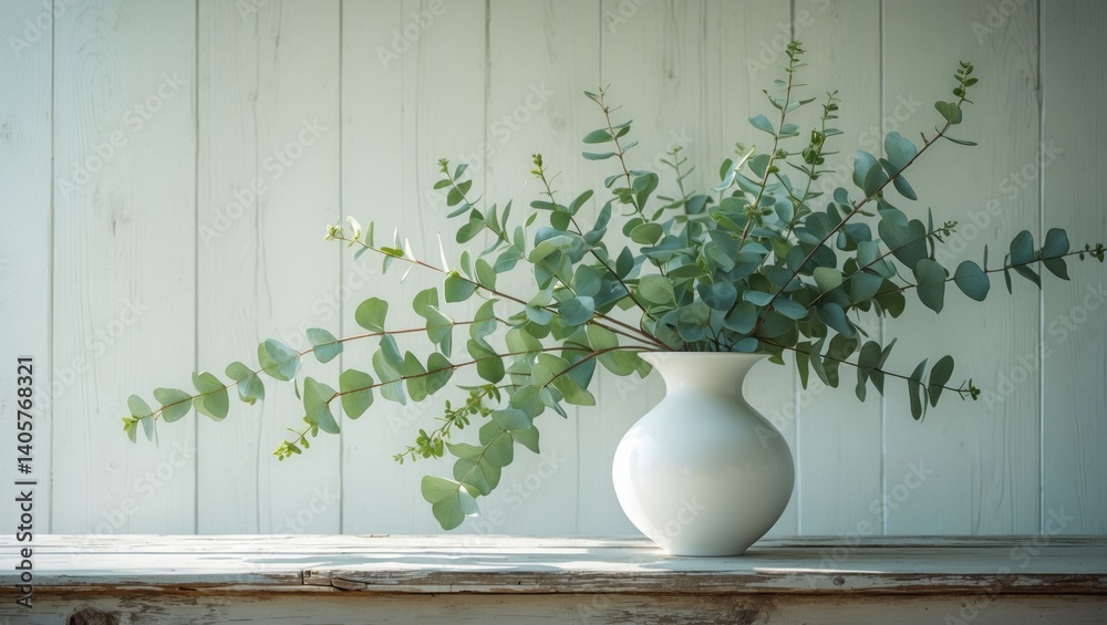 Vase with eucalyptus twigs in the background Vase with eucalyptus twigs in the background