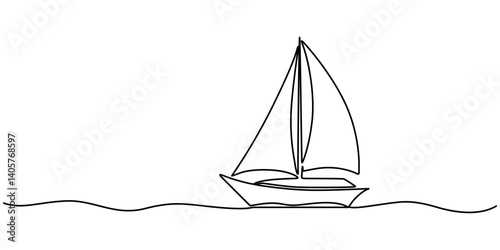 Continuous one single minimal line drawing sailing, Sailboat continuous one line icon drawing on white background, Sea boat vector illustration in doodle style, one line drawing outline vector art.