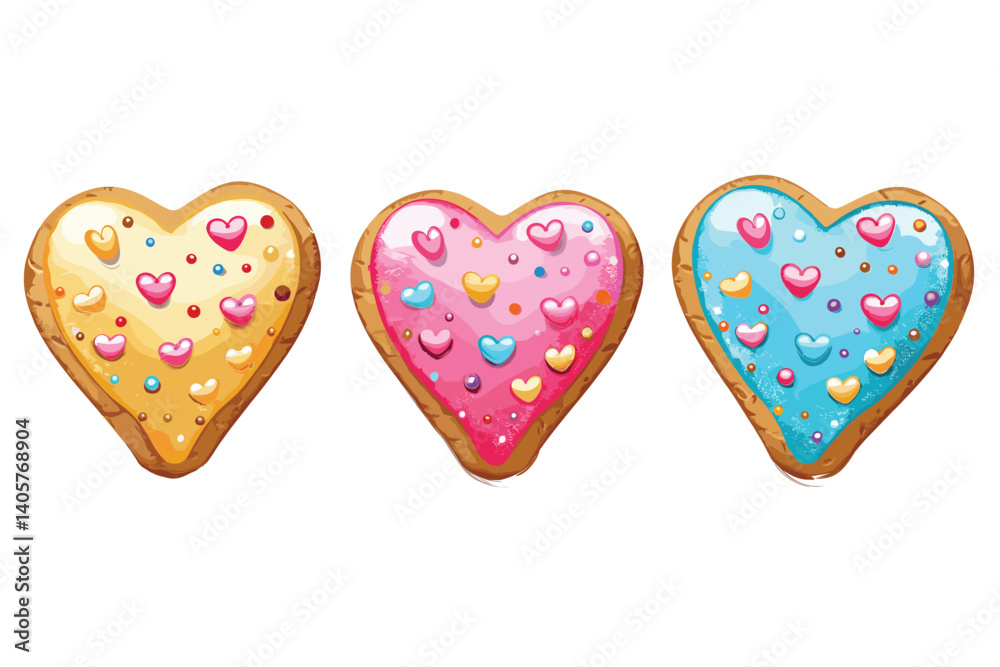 Set of heart shaped sugar cookies with icing. Sweet dessert for Valentine's Day. 